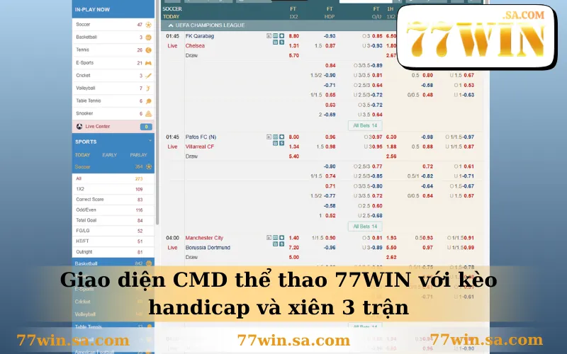 Giao diện CMD thể thao 77WIN với kèo handicap và xiên 3 trận