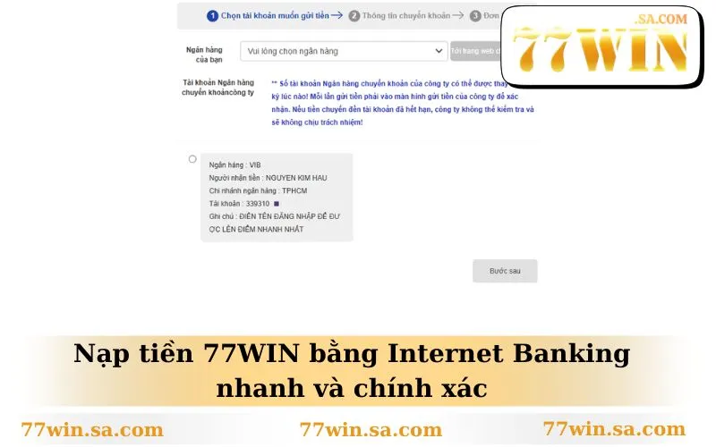 Nạp tiền 77WIN bằng Internet Banking nhanh và chính xác