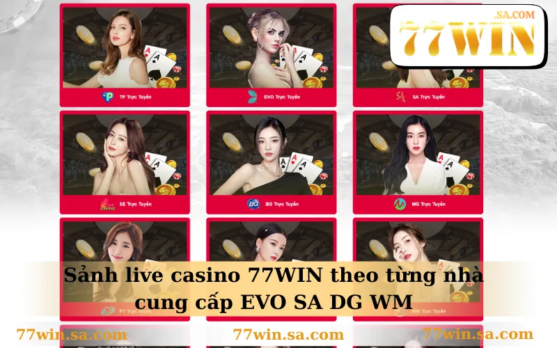 Sảnh live casino 77WIN theo từng nhà cung cấp EVO SA DG WM