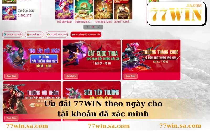 Ưu đãi 77WIN theo ngày cho tài khoản đã xác minh